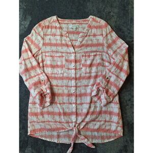 Coral Bay Linen Blend Button Up Blouse Womens Med. Pink White Tye Dye Hippie